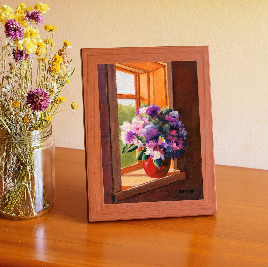 Purple and Pink Bouquet in a Red Vase on a Sunlit Windowsill Poster - Image 4