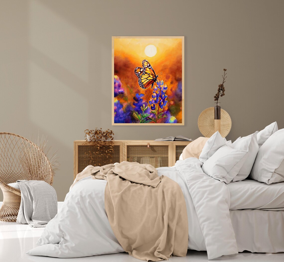 Monarch Butterfly on Bluebonnet Flowers Sunset Oil Painting Poster - Image 3