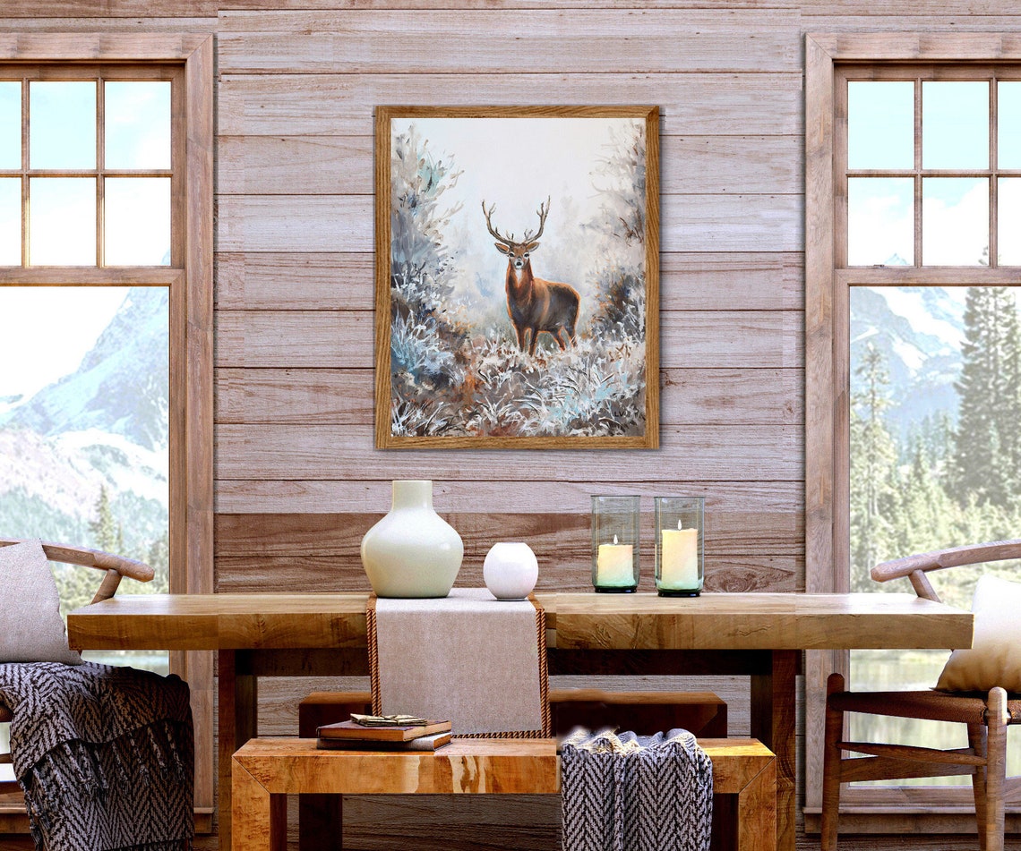 Majestic Stag with Antlers in a Frosty Winter Landscape Poster - Image 3