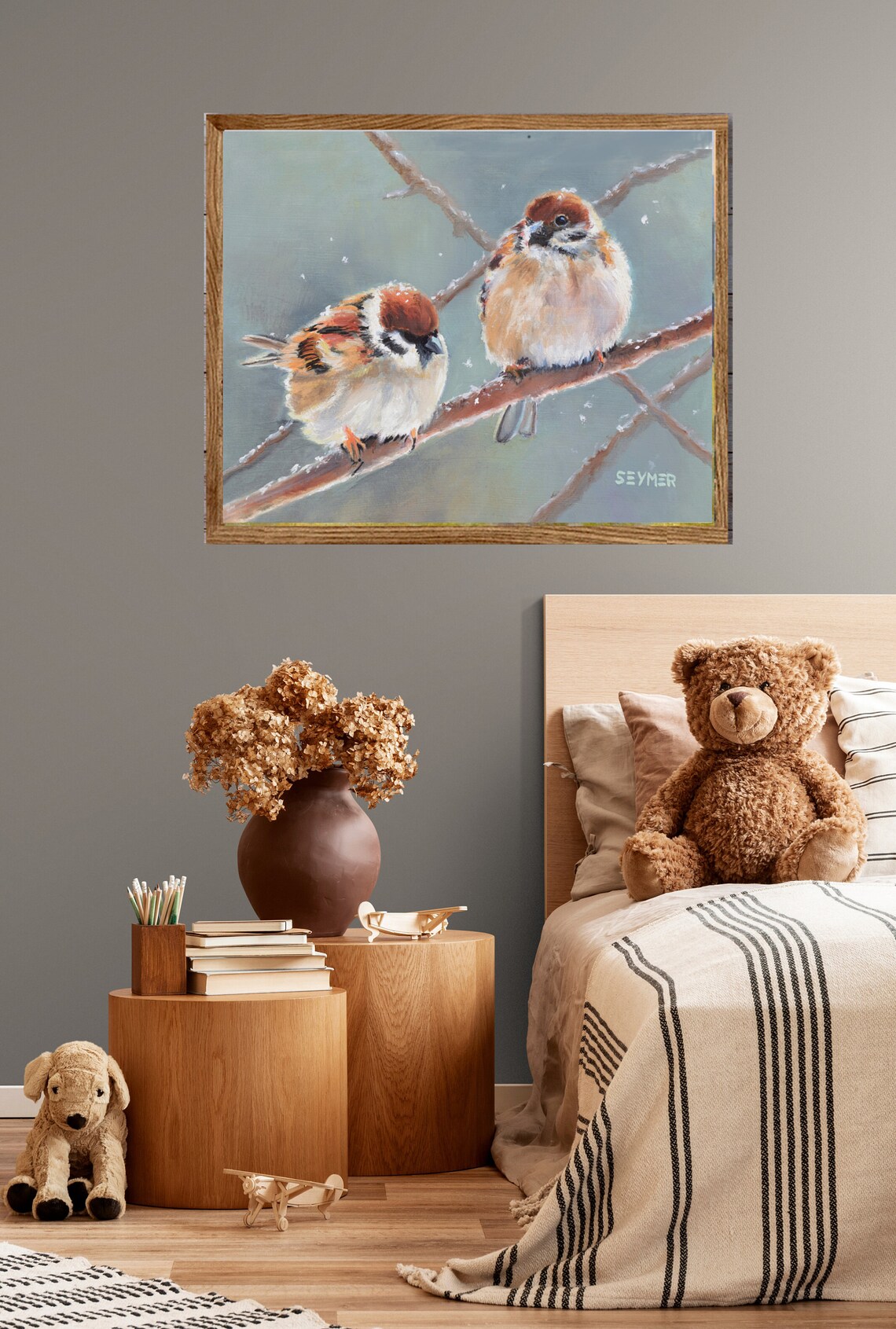 Two Sparrows On Snowy Branch Bird Oil Painting Winter Poster - Image 2