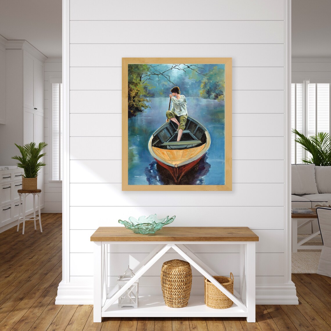 Young Man Paddling Boat Misty Blue River Trees Oil Painting Poster - Image 3