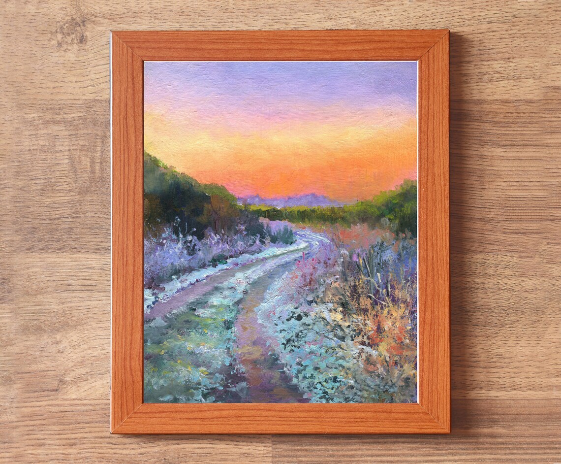 Snowy Country Road Winding through Winter Woods at Sunset Poster - Image 4