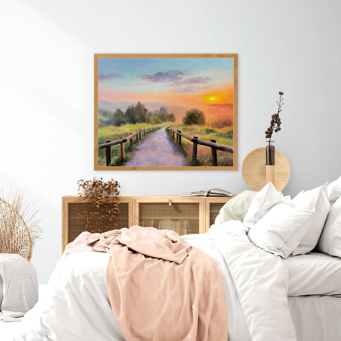 Sunset Country Road With Wooden Fence And Glowing Meadow Poster - Image 2