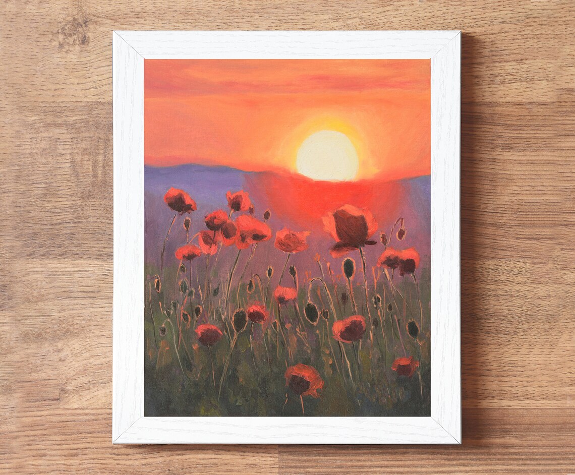 Red Poppies Swaying in the Wind Against a Fiery Sunset Poster - Image 2