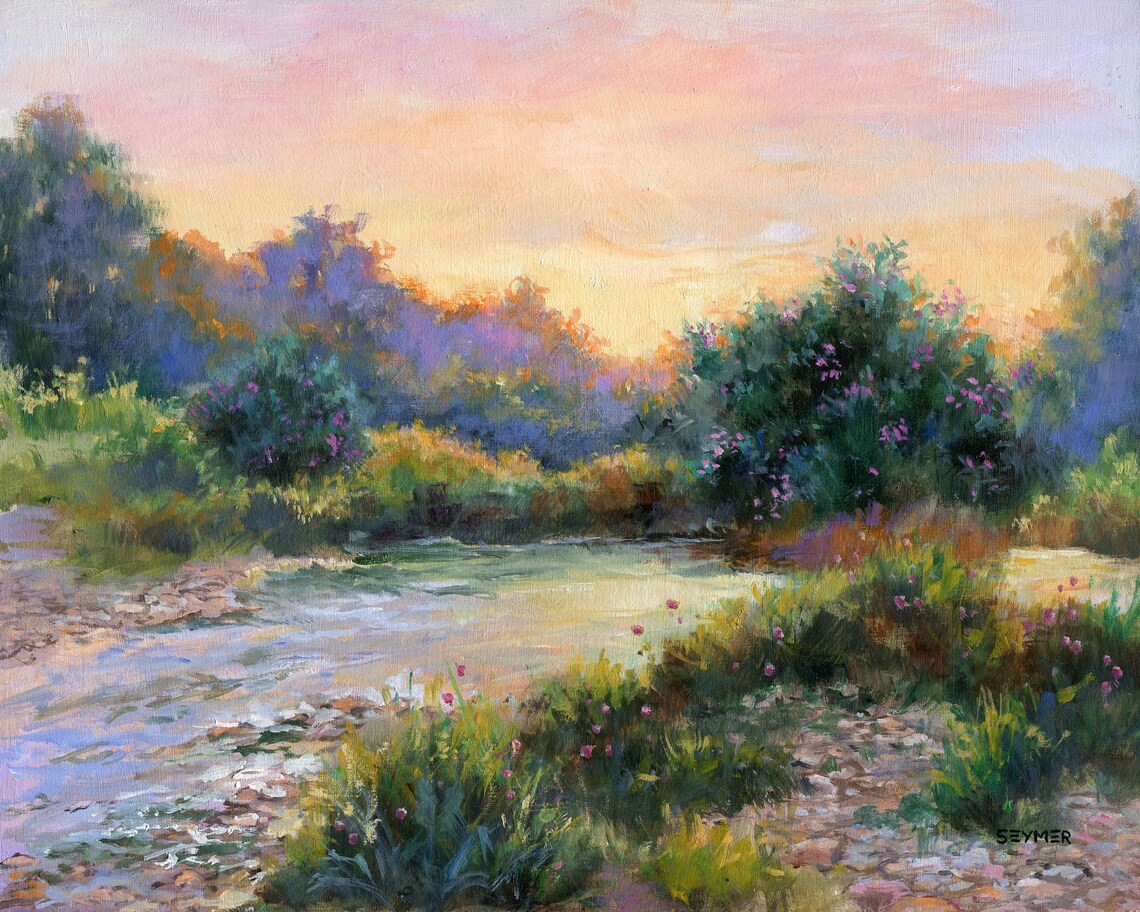 River Sunset Wildflower Landscape Oil Painting With Pink Sky Poster - Image 5