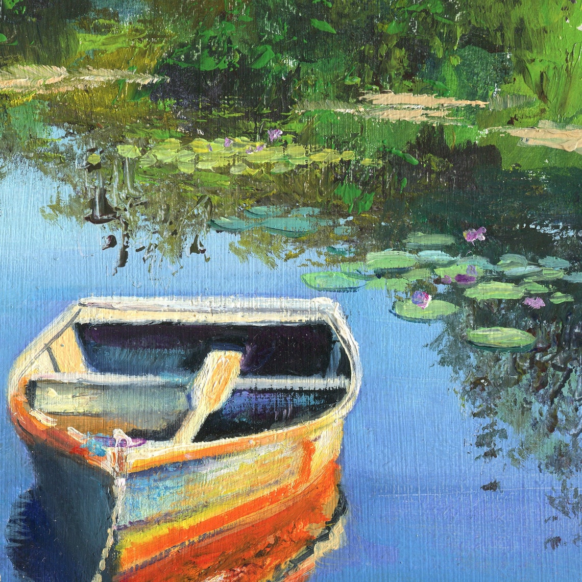 Boat On A Wooden Pier Original Painting Water Lilies Blue Lake Fishing Rowing Boat Nautical Summer Scene Calme Boat Art Lake House Decor - Image 4