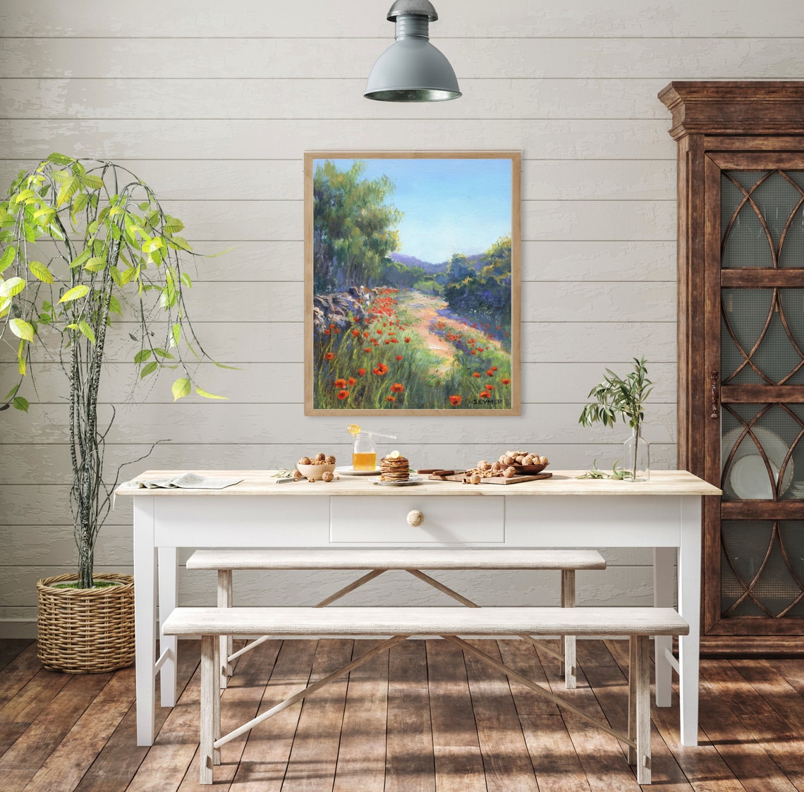 Sunlit Country Path Lined with Red Poppies between the Trees Poster - Image 4