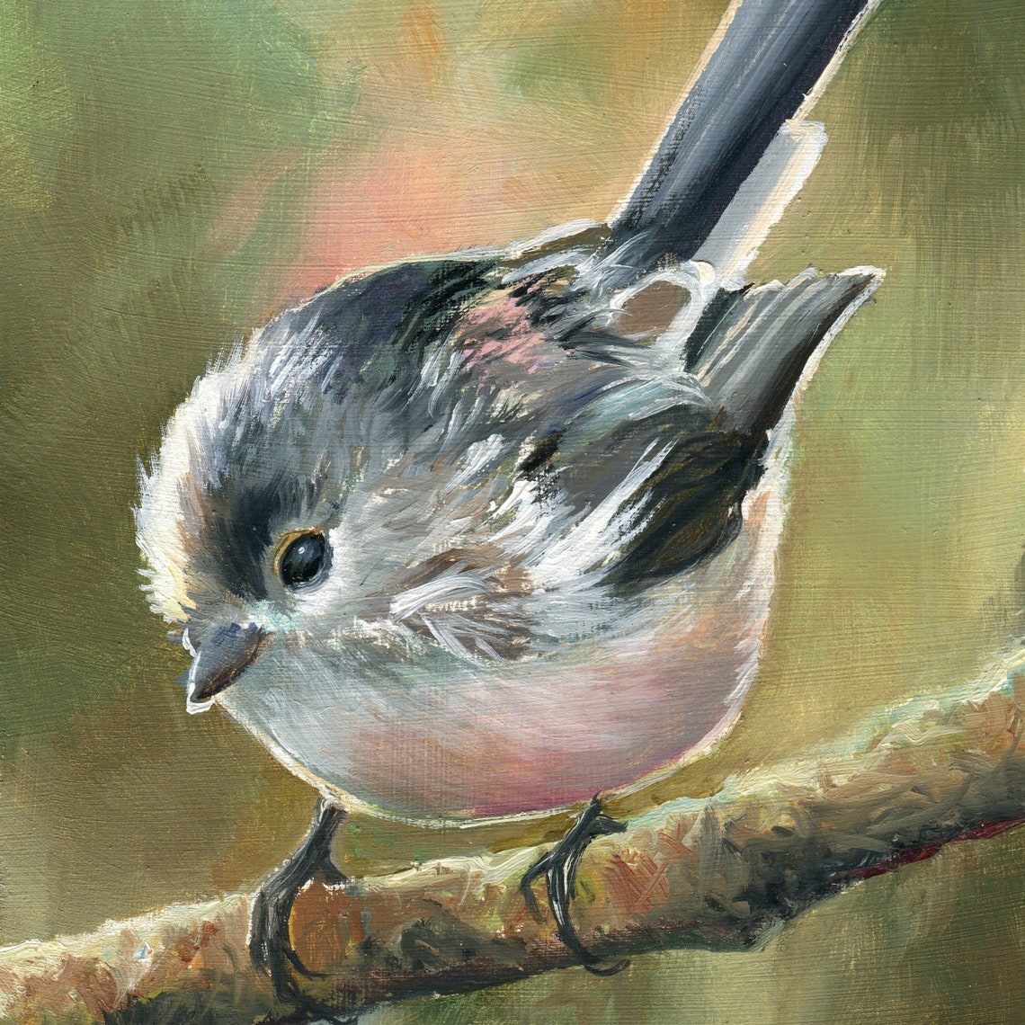 Long-Tailed Tit Perched on a Branch Wildlife Bird Painting Poster