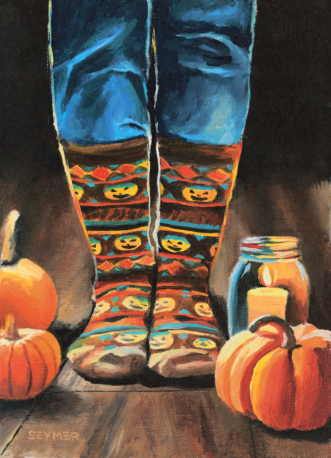 Cozy Halloween Night Scene with Pumpkins and a Glowing Candle Poster