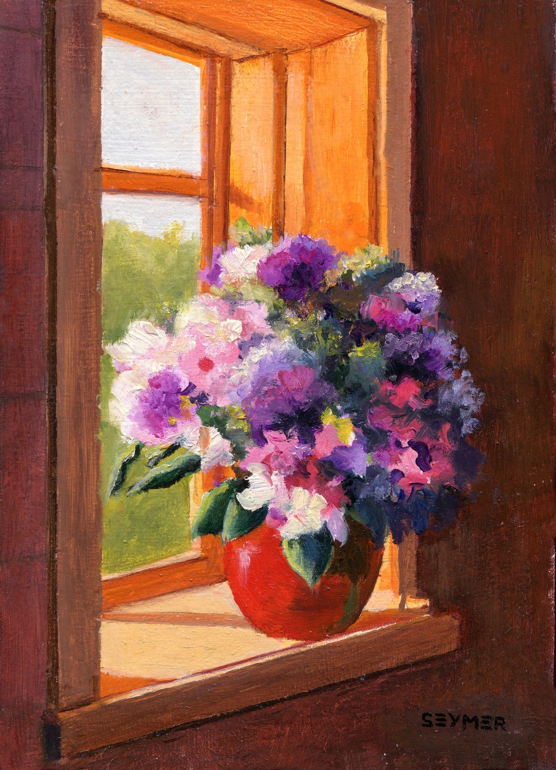 Purple and Pink Bouquet in a Red Vase on a Sunlit Windowsill Poster