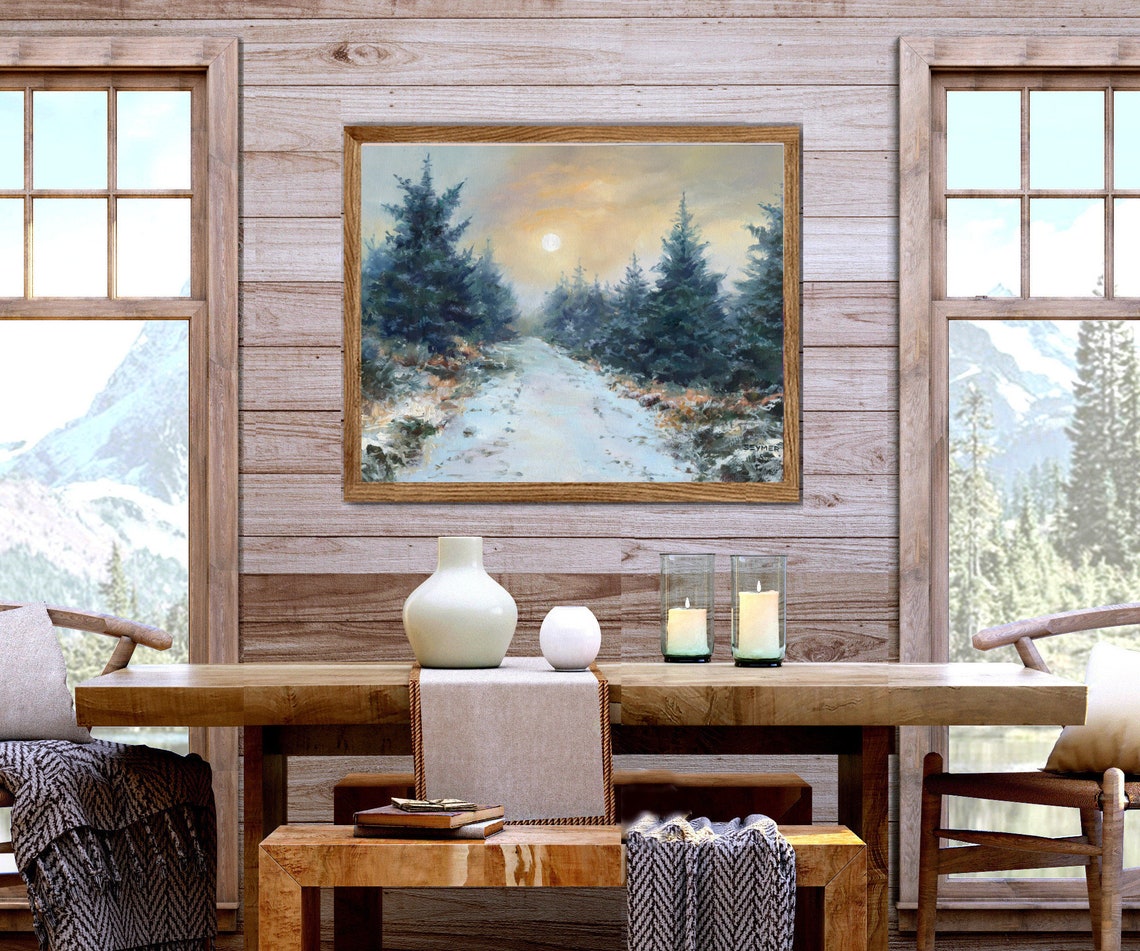Misty Forest Original Oil Painting Fir Trees Landscape Fine Art Winter Snow Artwork Road Pine Snow Oil Painting Framed Cabin Decor Misty Sky - Image 6