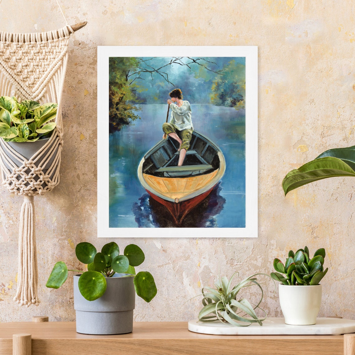 Misty Pond Painting Print Foggy Swamp Art Calm Fishing Boat Row Boat Riverscape Tranquil River Artwork Young Man Fisherman Lake Wall Art - Image 4