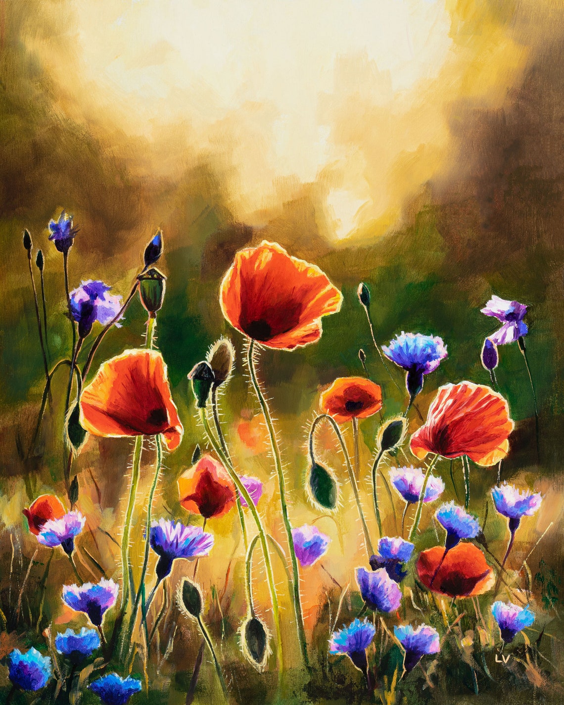 Red Poppies and Blue Cornflowers Glowing in Golden Sunlight Poster - Image 6