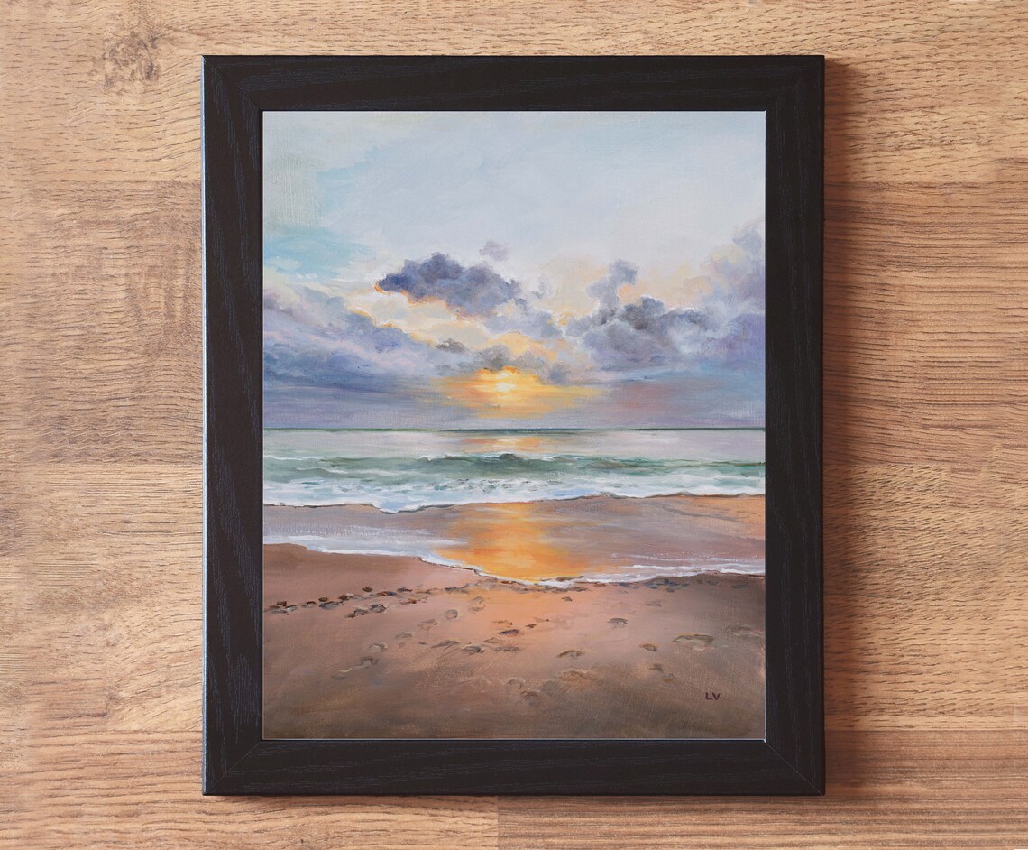 Quiet Beach Sunrise Sandy Shoreline Cloudy Morning Oil Painting Poster - Image 6