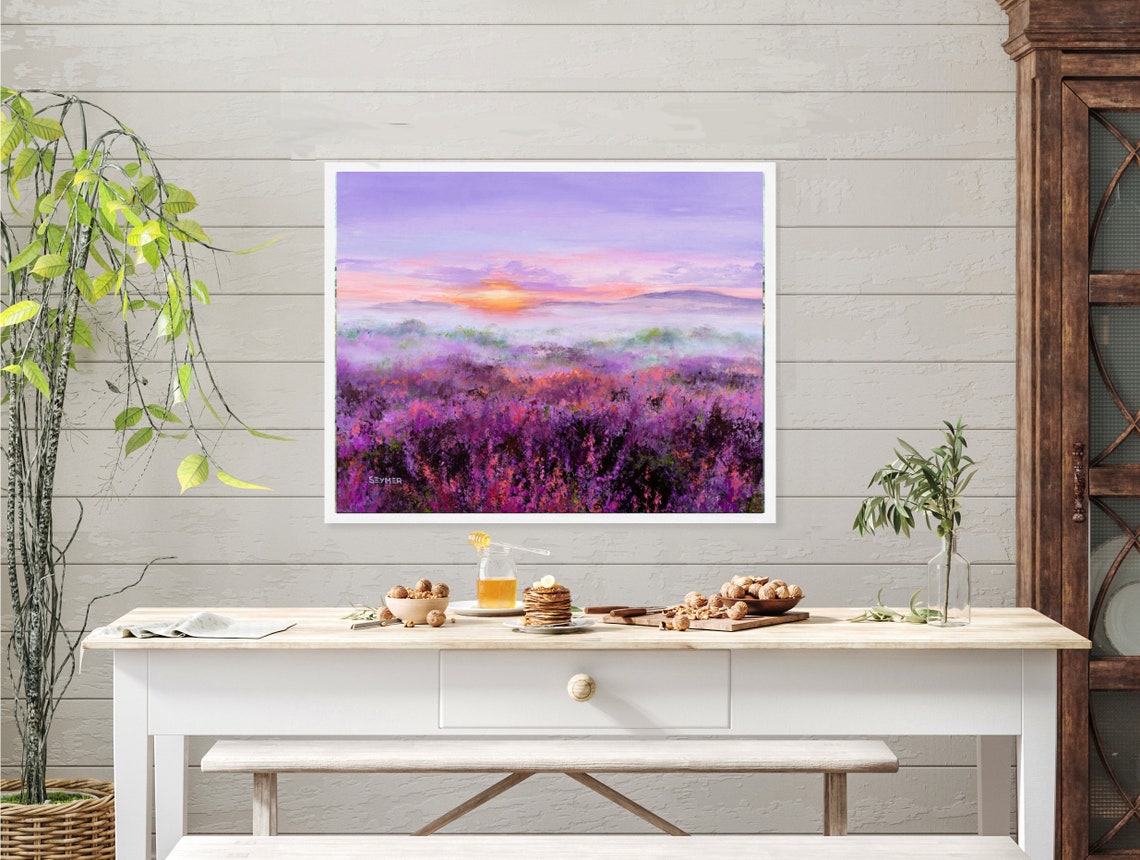 Purple Heather Field at Sunrise Oil Painting Landscape Poster - Image 5