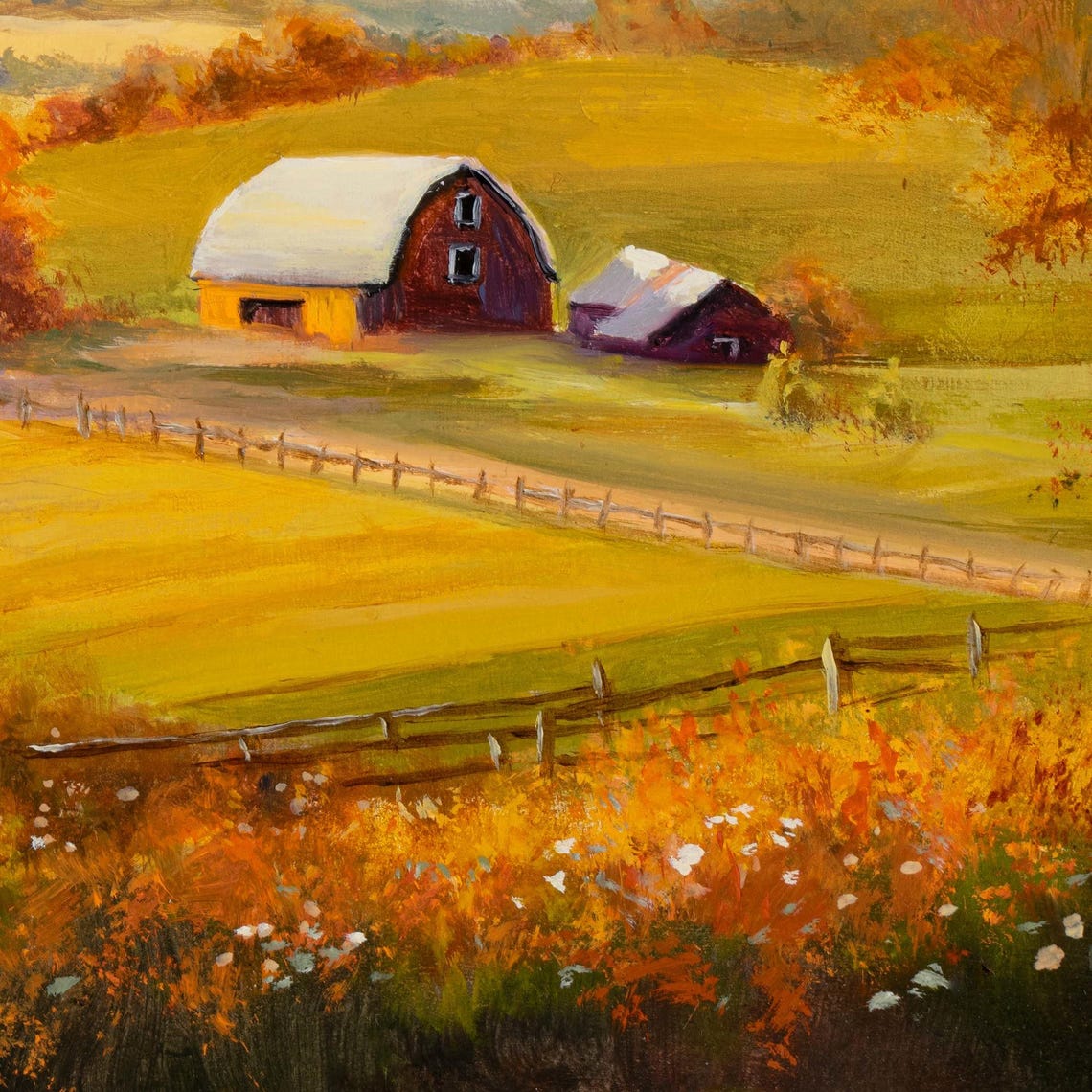 Autumn Farm with Red Barn at Sunset Oil Painting Farm Poster - Image 4