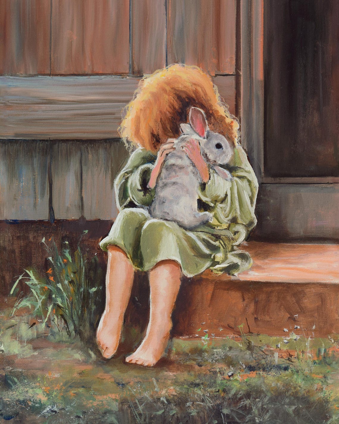 Little Girl Hugging a Bunny While Sitting on a Farmhouse Porch Poster