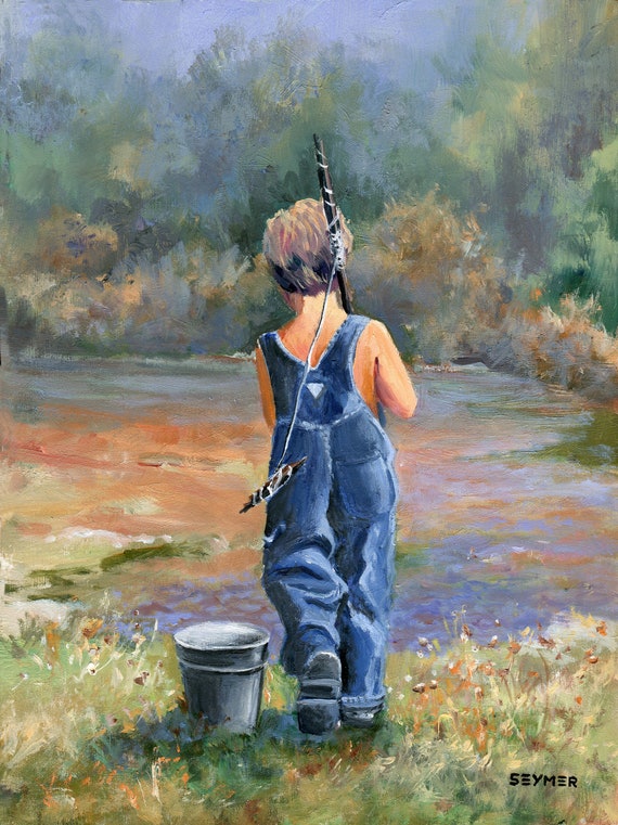 Boy Fishing Painting Child River Original Art Sunny Sumer Day Wall Art River Landscape Childs Room Decor Vintage Artwork Framed Art