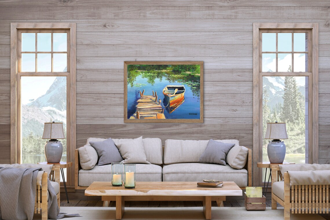 Wooden Dock And Boat On Lake Landscape Oil Painting With Lilies Poster - Image 3