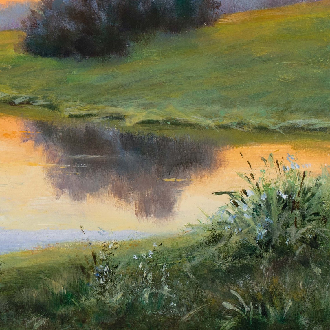 River With Trees Drawing Original Framed Painting Realistic Sunrise River Green Grass Classic Landscape Fine Art Peaceful River Scene - Image 2