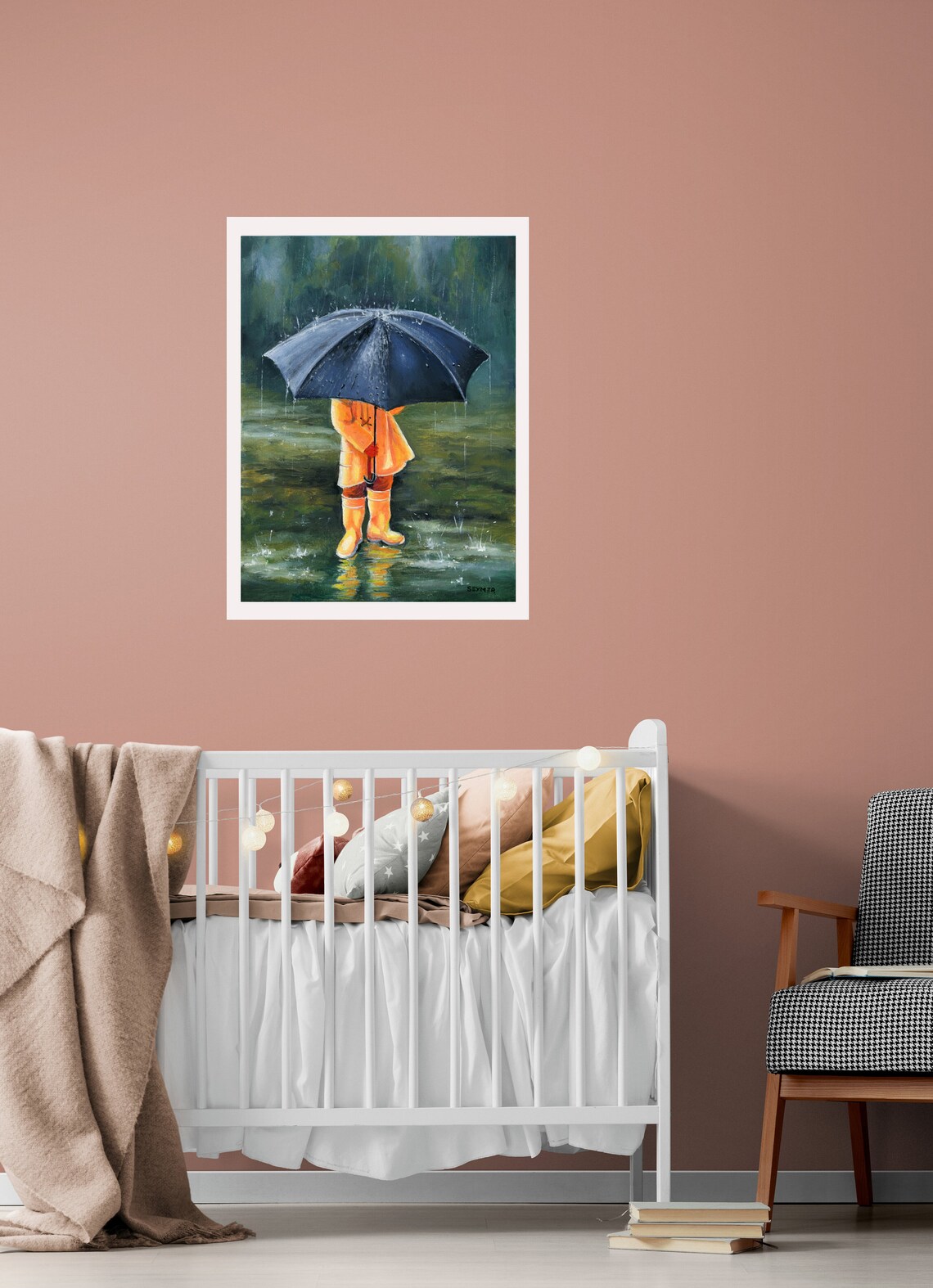 Small Child with Umbrella Splashing in the Summer Rain Poster - Image 3