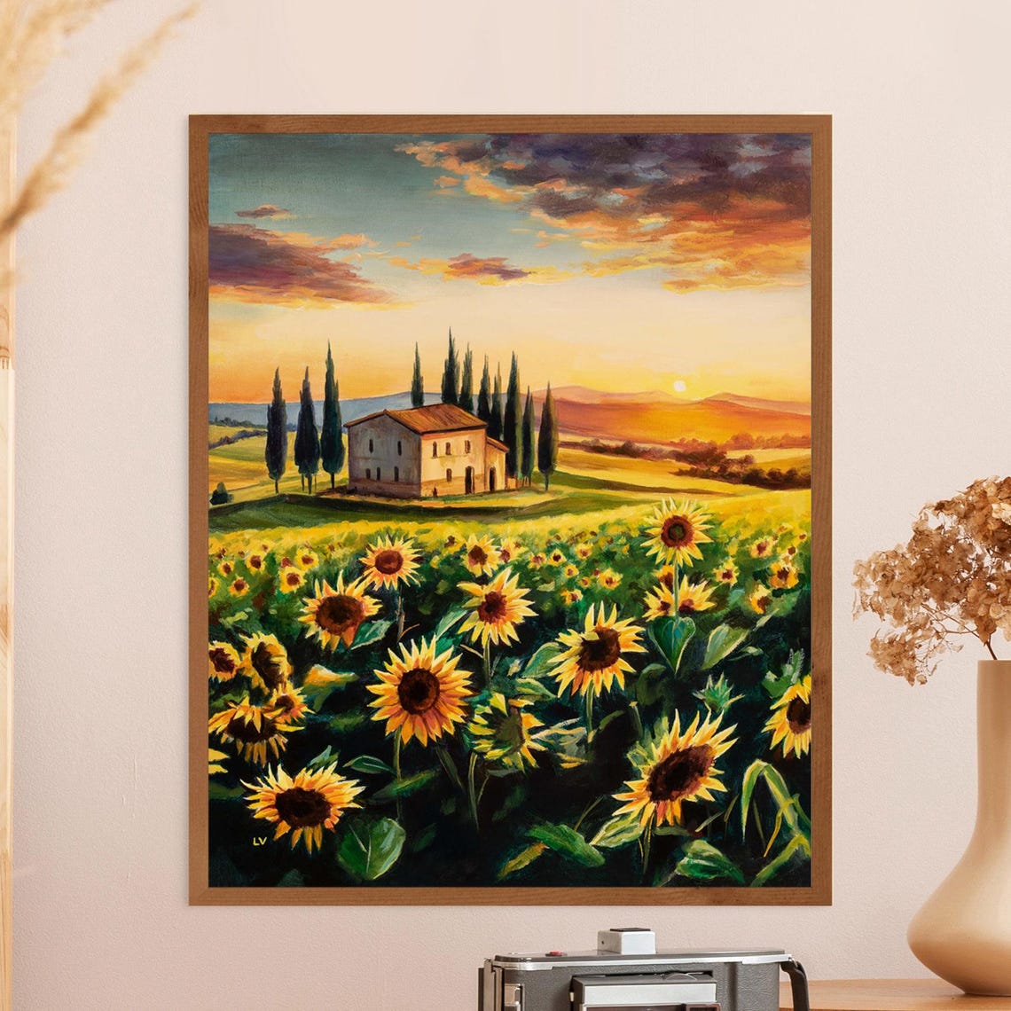Tuscan Farmhouse at Sunset Over a Sunflower Field with Cypress Poster
