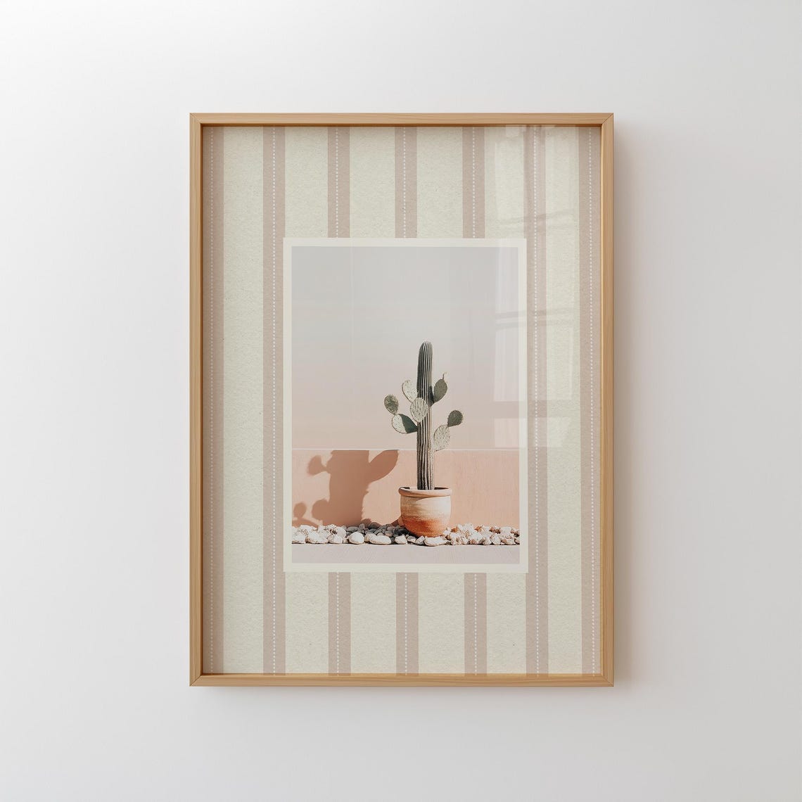 Desert Cactus Sunset Photo Pink Striped Border Western Style Wall Art