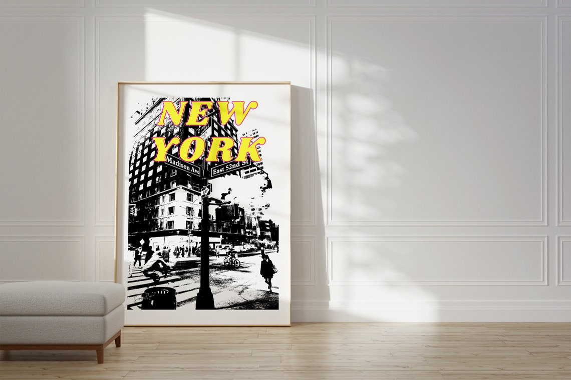 New York Yellow Retro Lettering Madison Avenue Black White City Poster