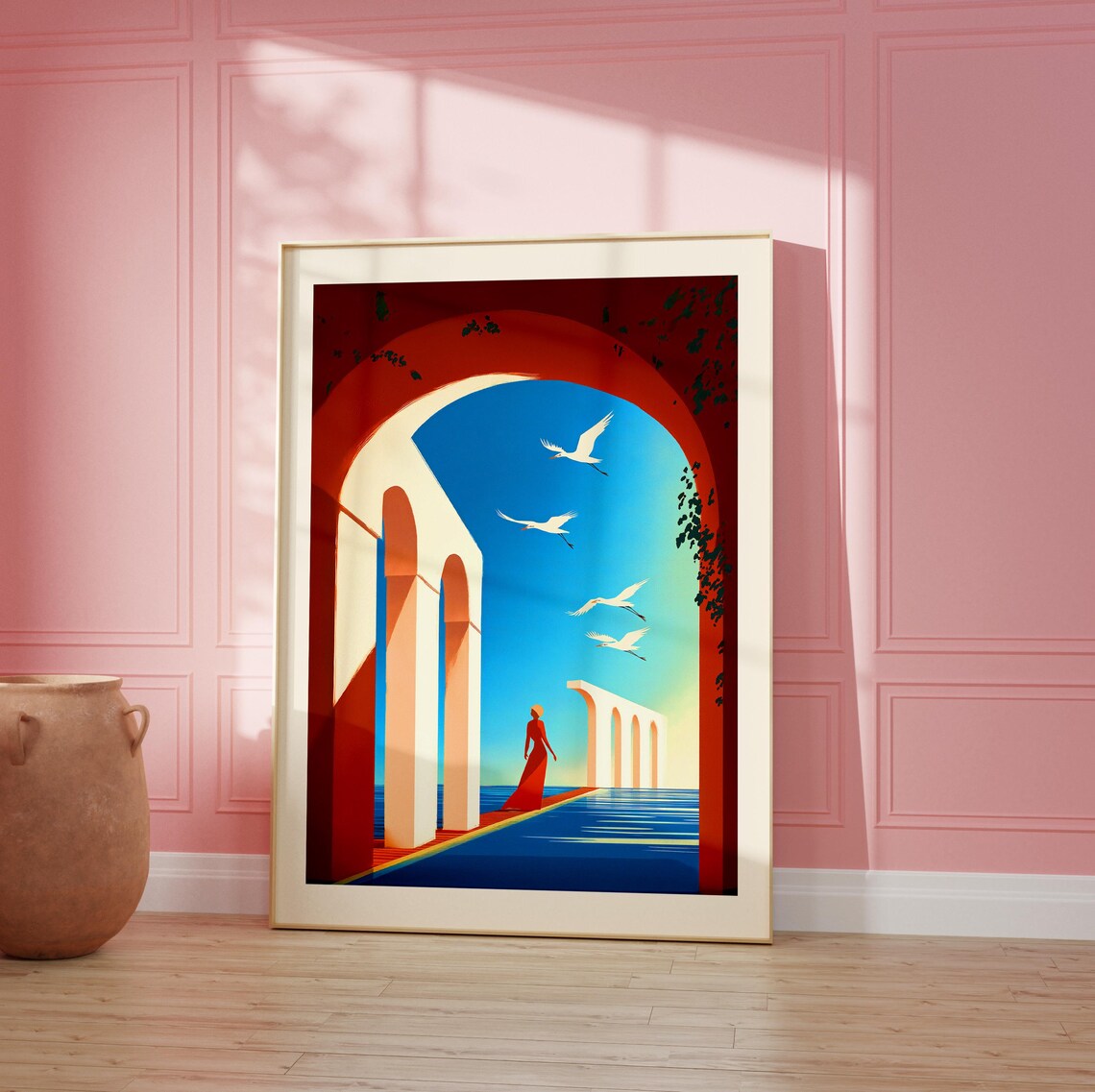 Abstract Woman By The Sea Art Print Red And Blue Modern Poster