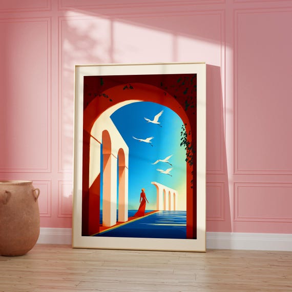 Abstract Woman By The Sea Art Print Red And Blue Modern Poster
