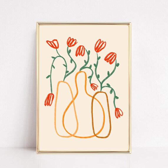 Minimalist Floral Line Art Poster Orange Tulips Vases Modern Botanical