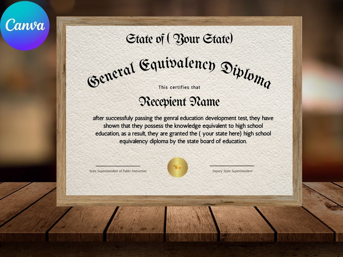 Editable GED Diploma Certificate Canva Template Digital Download Print
