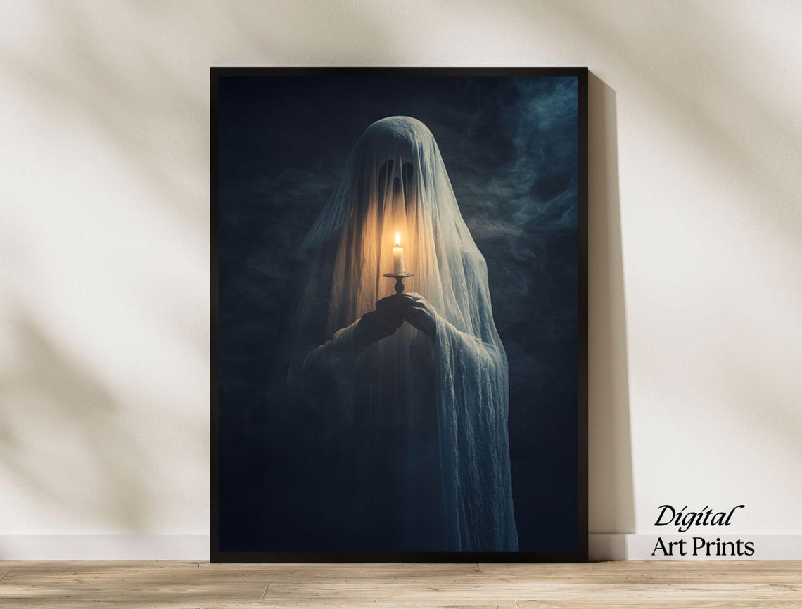 Cute Small Ghost Holding Candle Victorian Panting Dark Academia Room Decor Instant Spooky Halloween Ghost Art