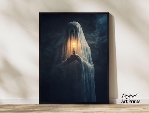 Cute Small Ghost Holding Candle Victorian Panting Dark Academia Room Decor Instant Spooky Halloween Ghost Art