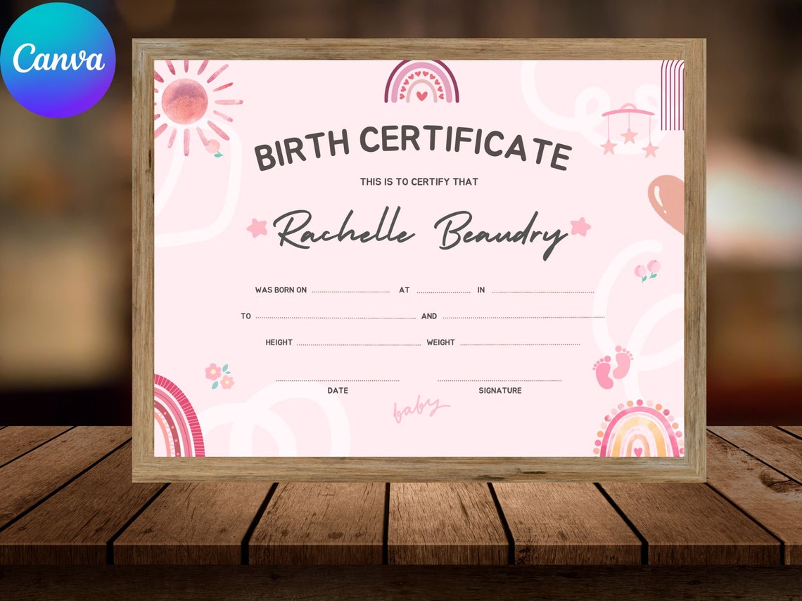 Editable Baby Birth Certificate Template Pink Boho Rainbow Canva Print