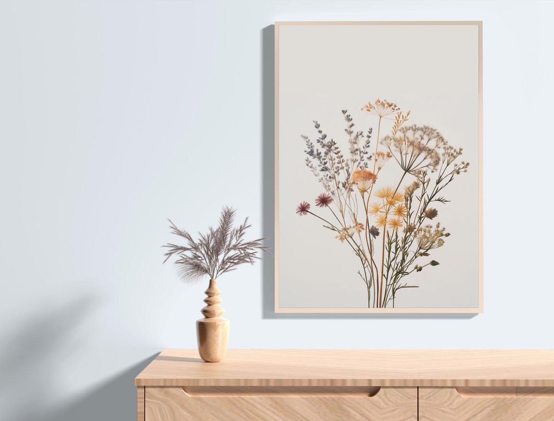 Pressed Wildflowers Bouquet Minimalist Botanical White Art Poster - Image 2