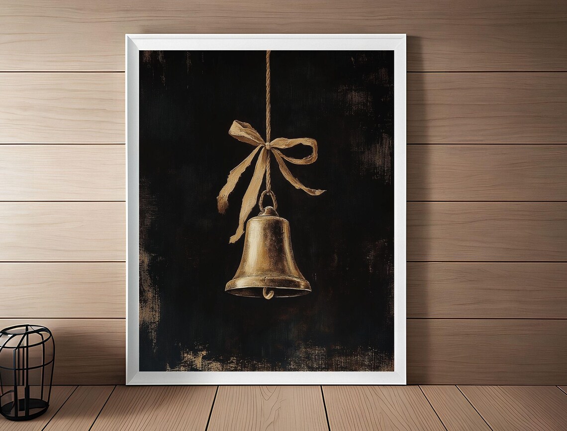 Moody Vintage Christmas Bell With Twine Bow Dark Holiday Poster - Image 3
