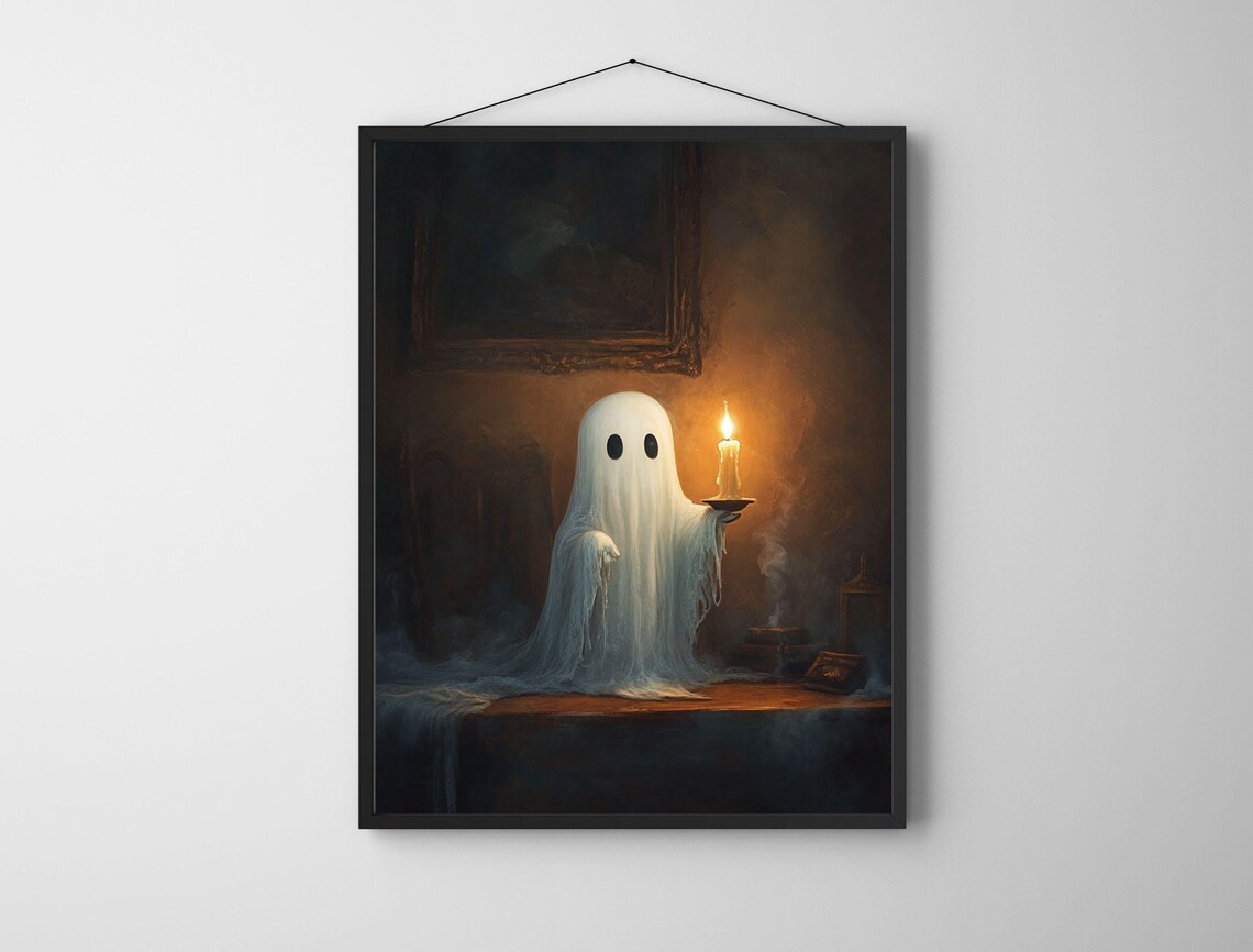 Adorable Cute Ghost Holding Candle Dark Room Halloween Spooky Poster - Image 6
