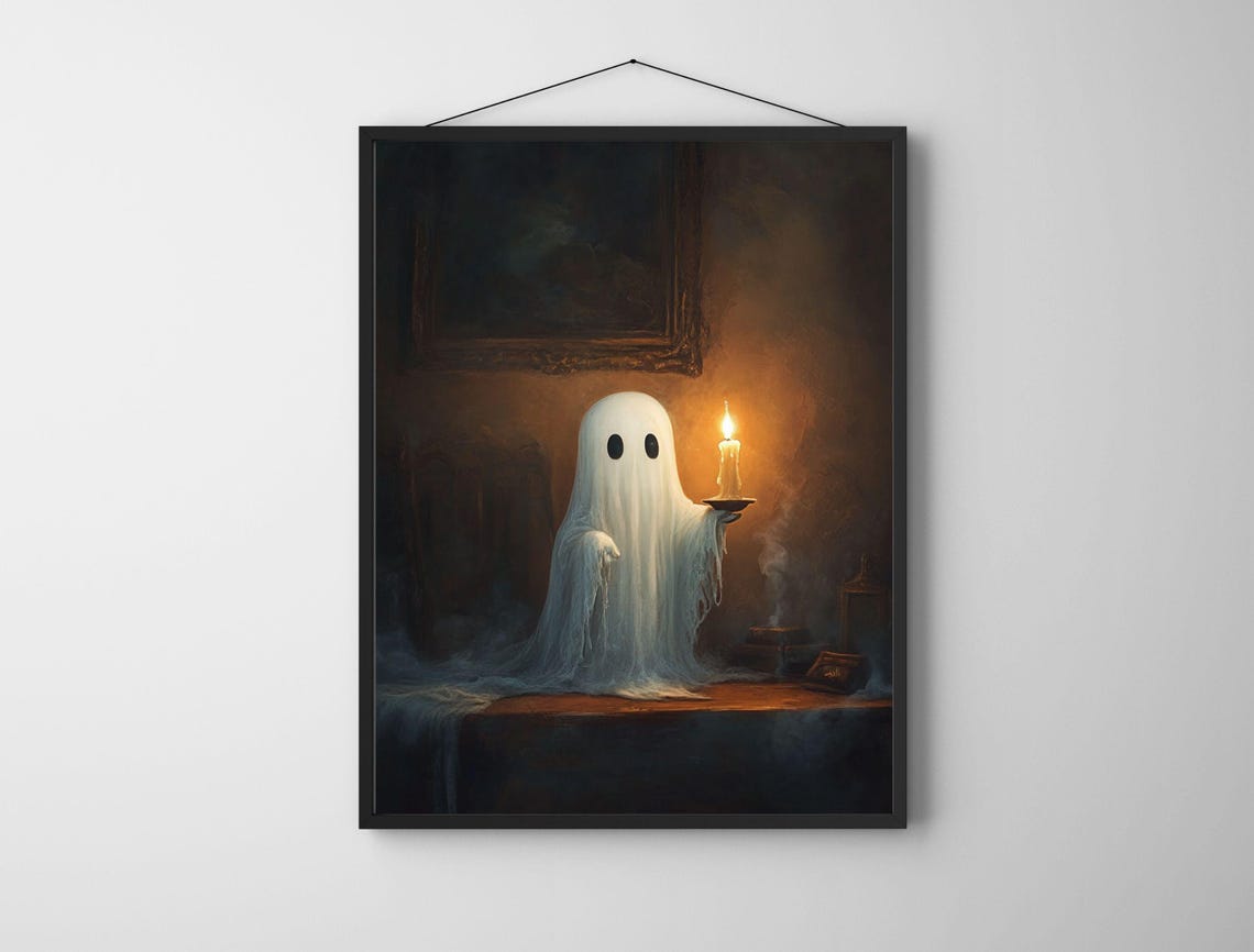 Cute Small Ghost Holding Candle Victorian Panting Dark Academia Room Decor Instant Spooky Halloween Ghost Art - Image 6