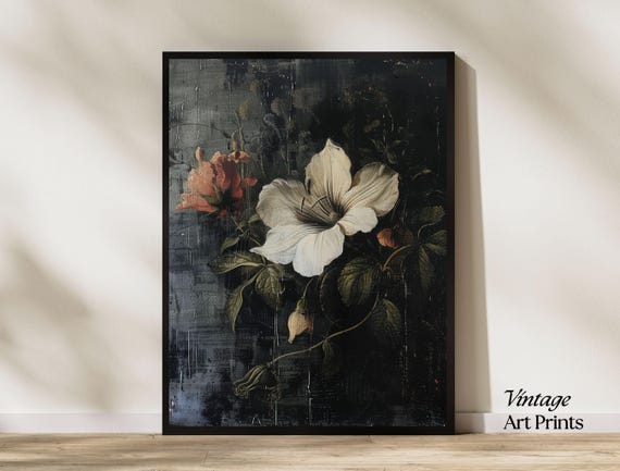 Vintage Moody Dark Flower Print Dark Academia Botanical Wall Art Floral Still Life Oil Painting Art