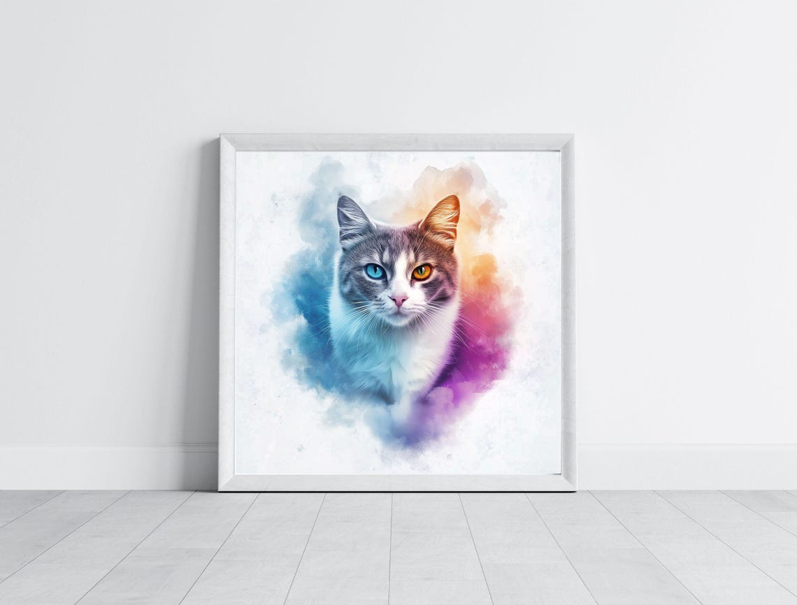Gray Watercolor Cat Portrait Odd Eyes Pastel Splash Art Print - Image 5