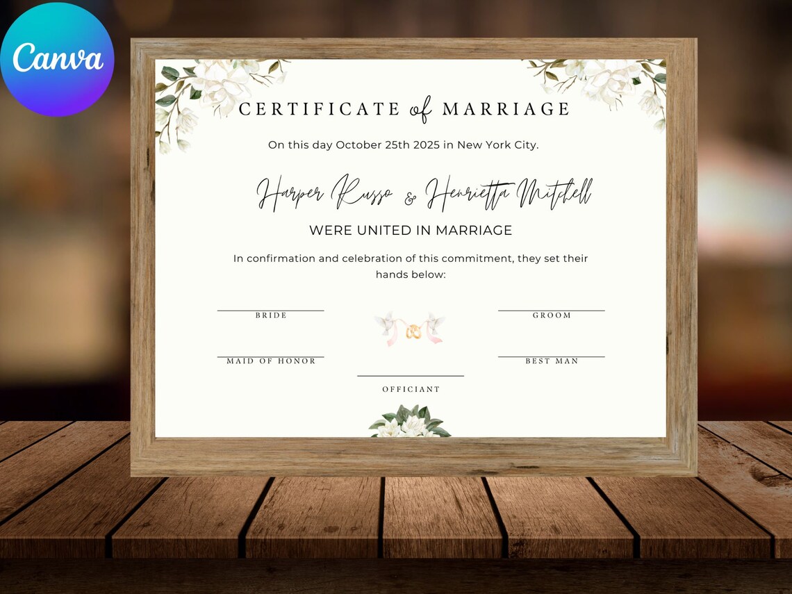 Marriage Certificate Template Elegant White Floral Wedding Print