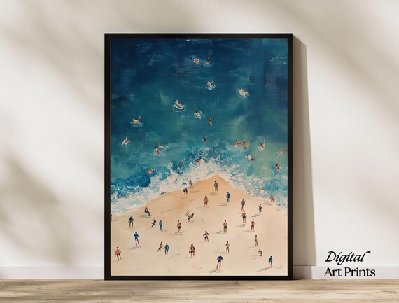 Vivid Aerial Beach Swimmers Turquoise Ocean Sand Summer Art Print