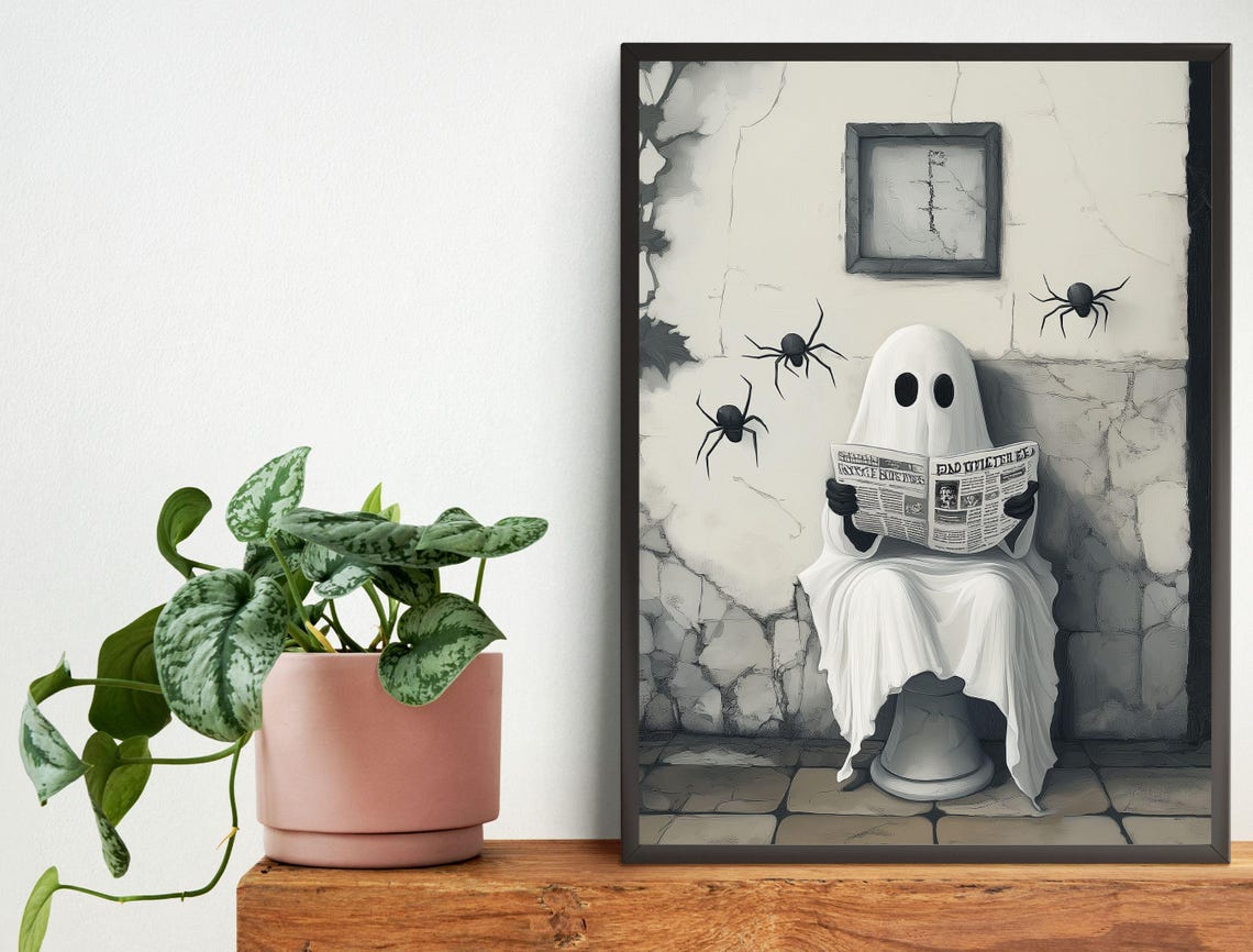 Sheet Ghost Reading a Newspaper on a Toilet Spooky Art Poster - Image 2