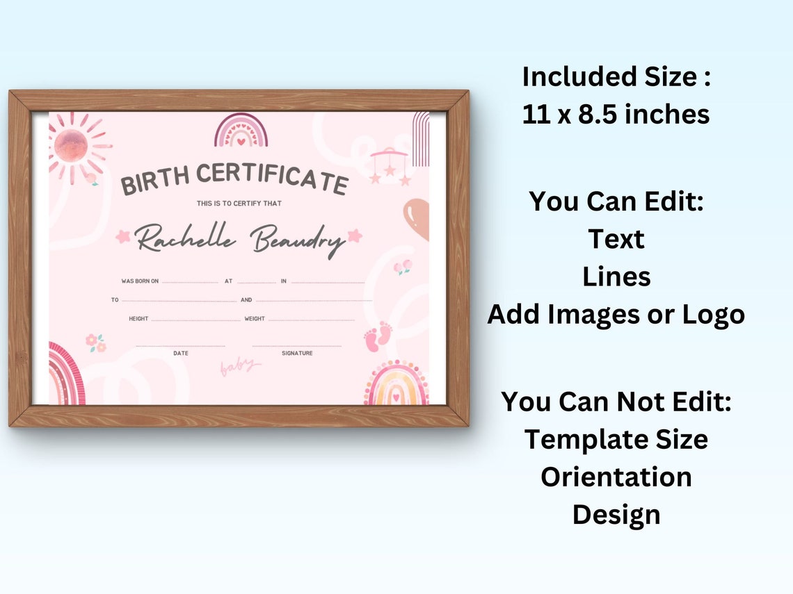 Editable Baby Birth Certificate Template Pink Boho Rainbow Canva Print - Image 5