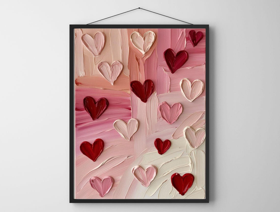 Textured Impasto Hearts Painting Pink Red Valentine Love Art Poster - Image 5