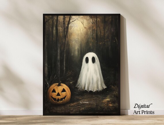Ghost with Jack O Lantern in Dark Forest Halloween Art Poster