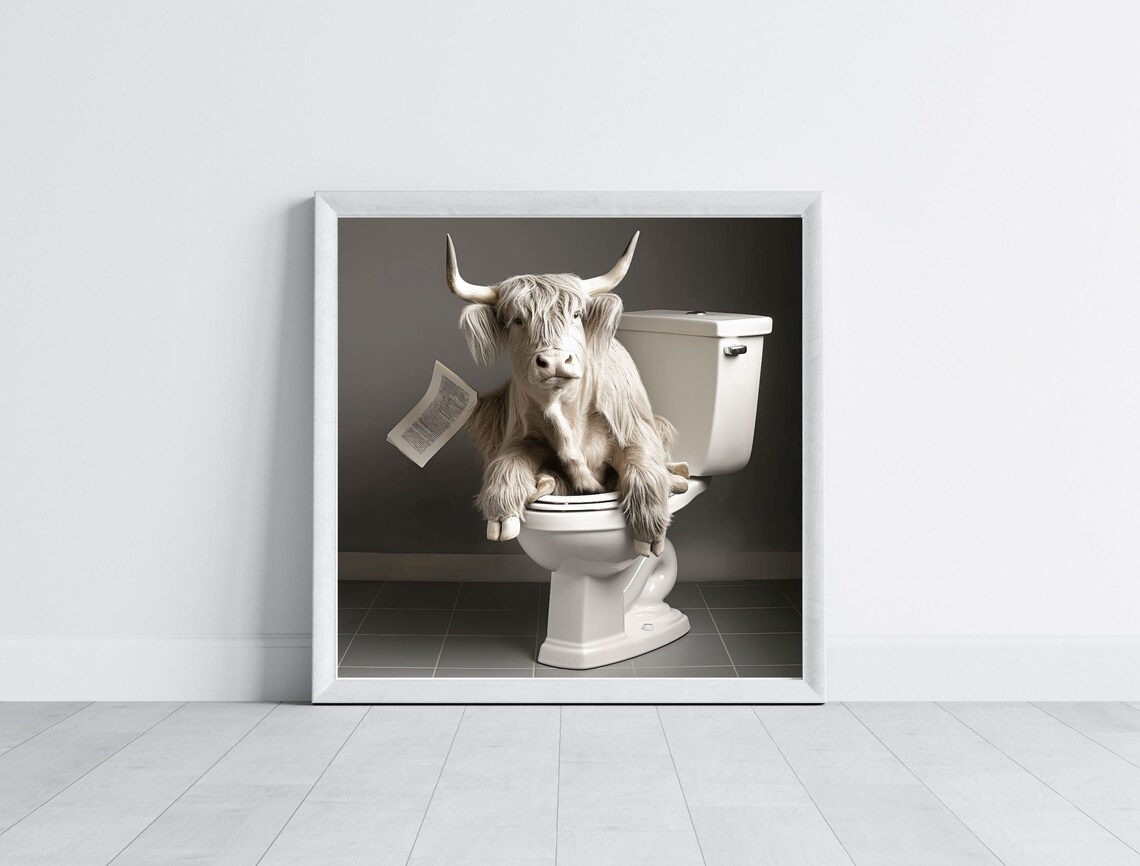Highland Cow Sitting On Toilet Reading Newspaper Funny Bathroom Poster - Image 6