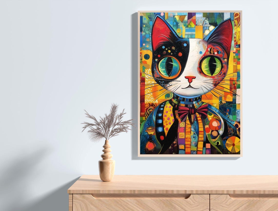 Colorful Mosaic Cat Bow Tie Patchwork Folk Art Cat Lovers Poster - Image 3