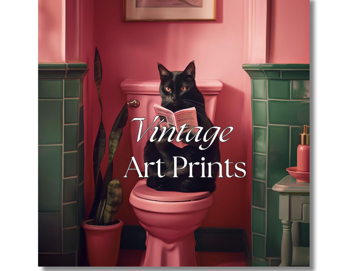 Black Cat Reading a Newspaper on a Retro Pink Toilet Funny Poster - Image 3